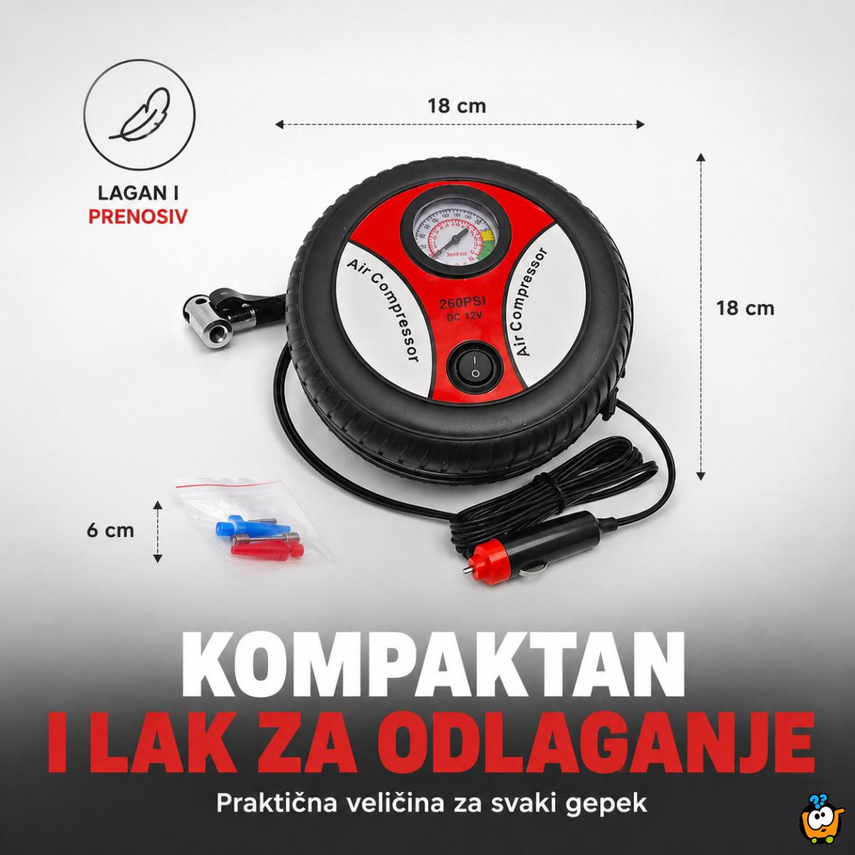 Auto kompresor za gume 12V u obliku točka – prenosiva pumpa za automobil, bicikl i lopte