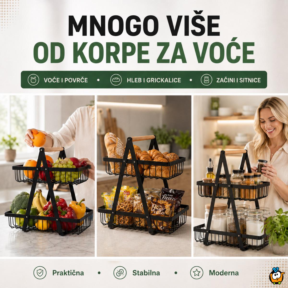 Metalna korpa za voće i povrće na 2 nivoa sa drvenom ručkom