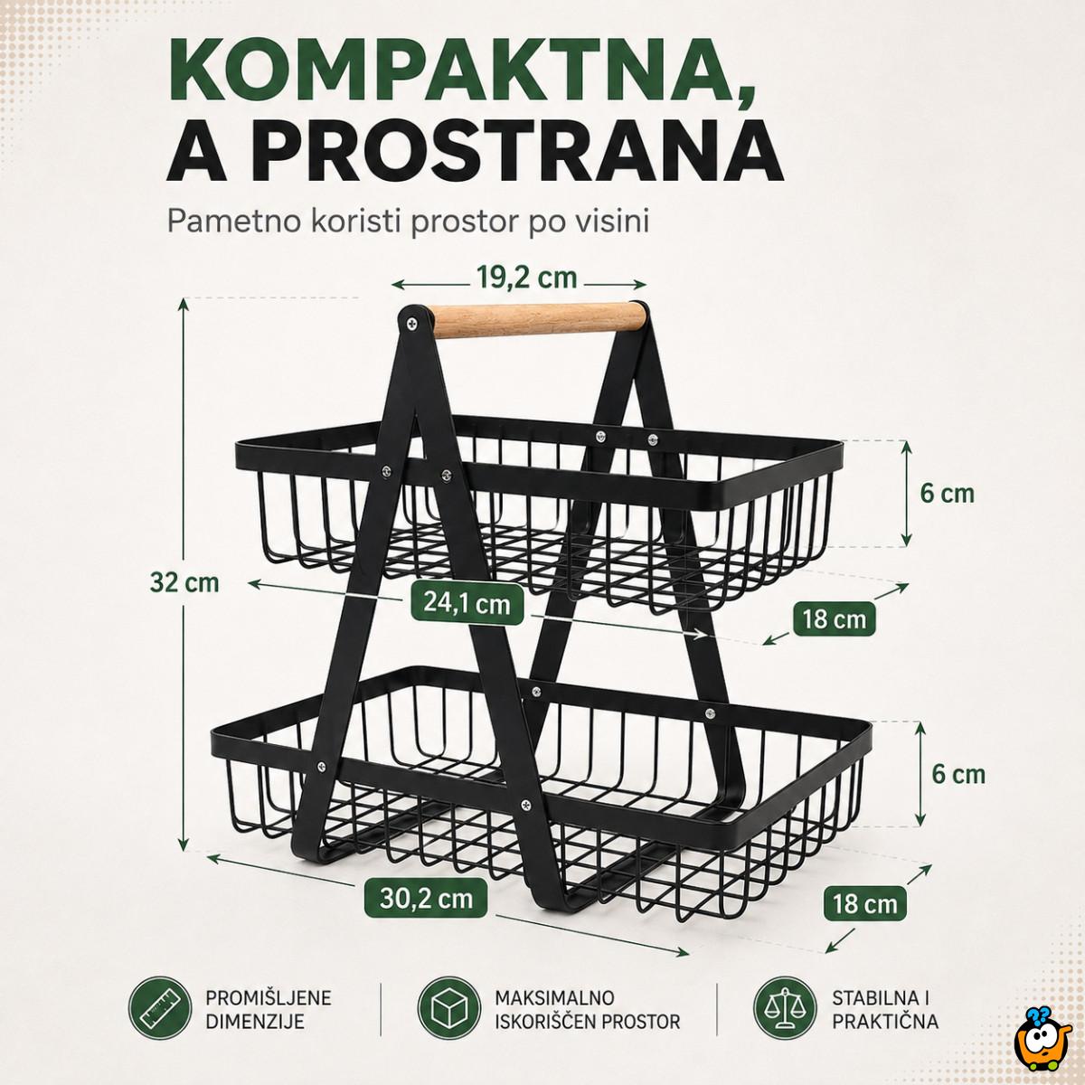 Metalna korpa za voće i povrće na 2 nivoa sa drvenom ručkom