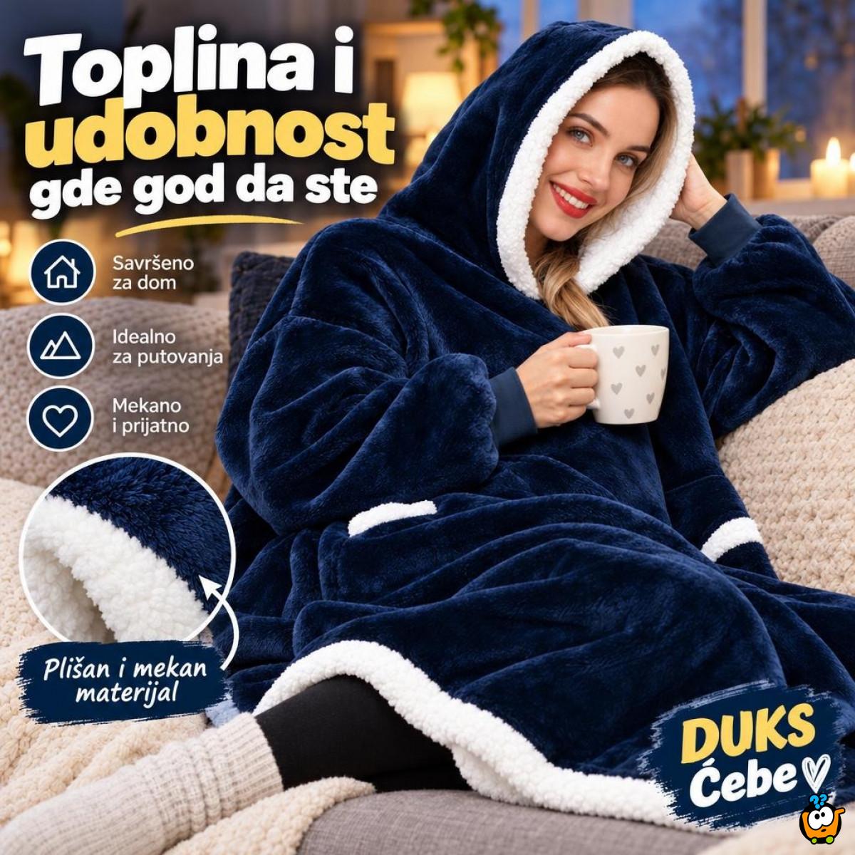 Duks Hoodie - Mekani plišani duks-ćebe sa kapuljačom - Teget