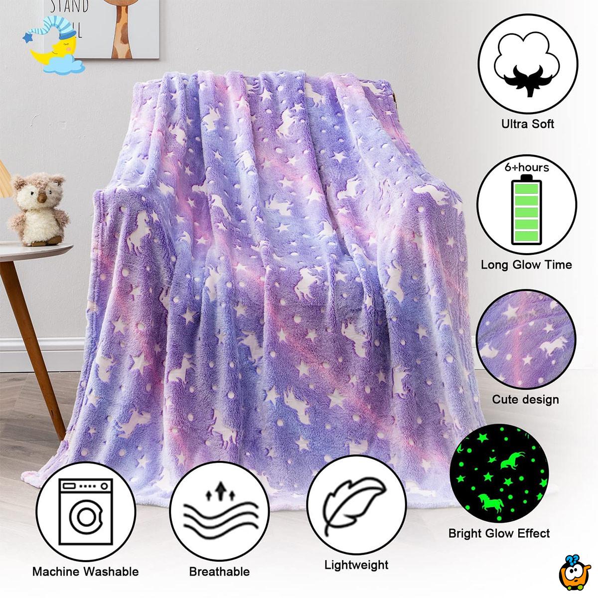 Purple Unicorn Blanket  – Lila ćebe sa svetlećim jednorozima i zvezdama