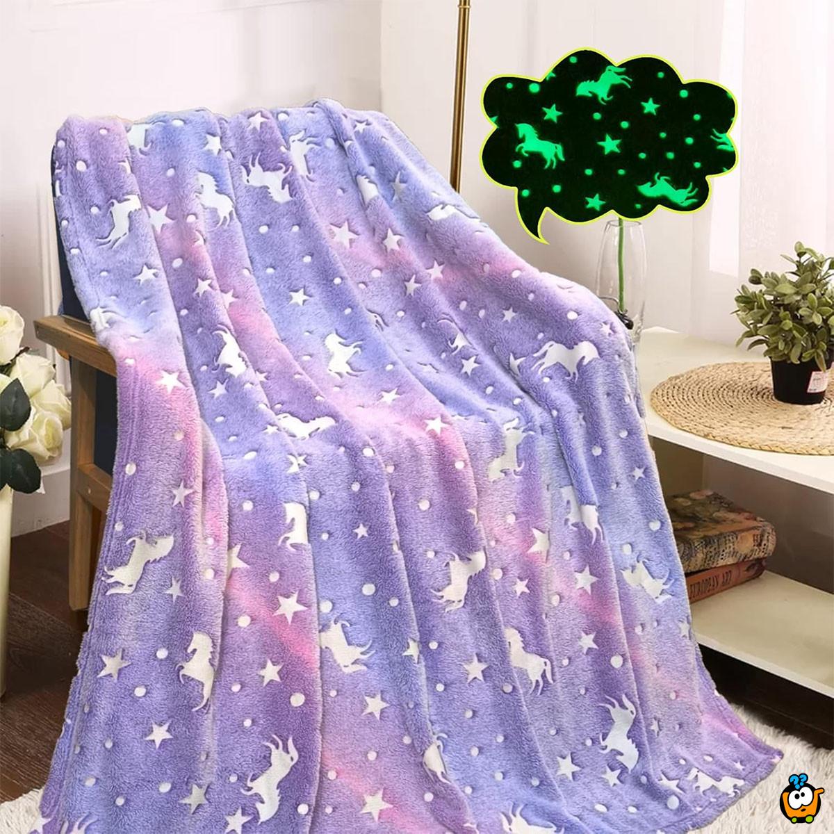 Purple Unicorn Blanket  – Lila ćebe sa svetlećim jednorozima i zvezdama