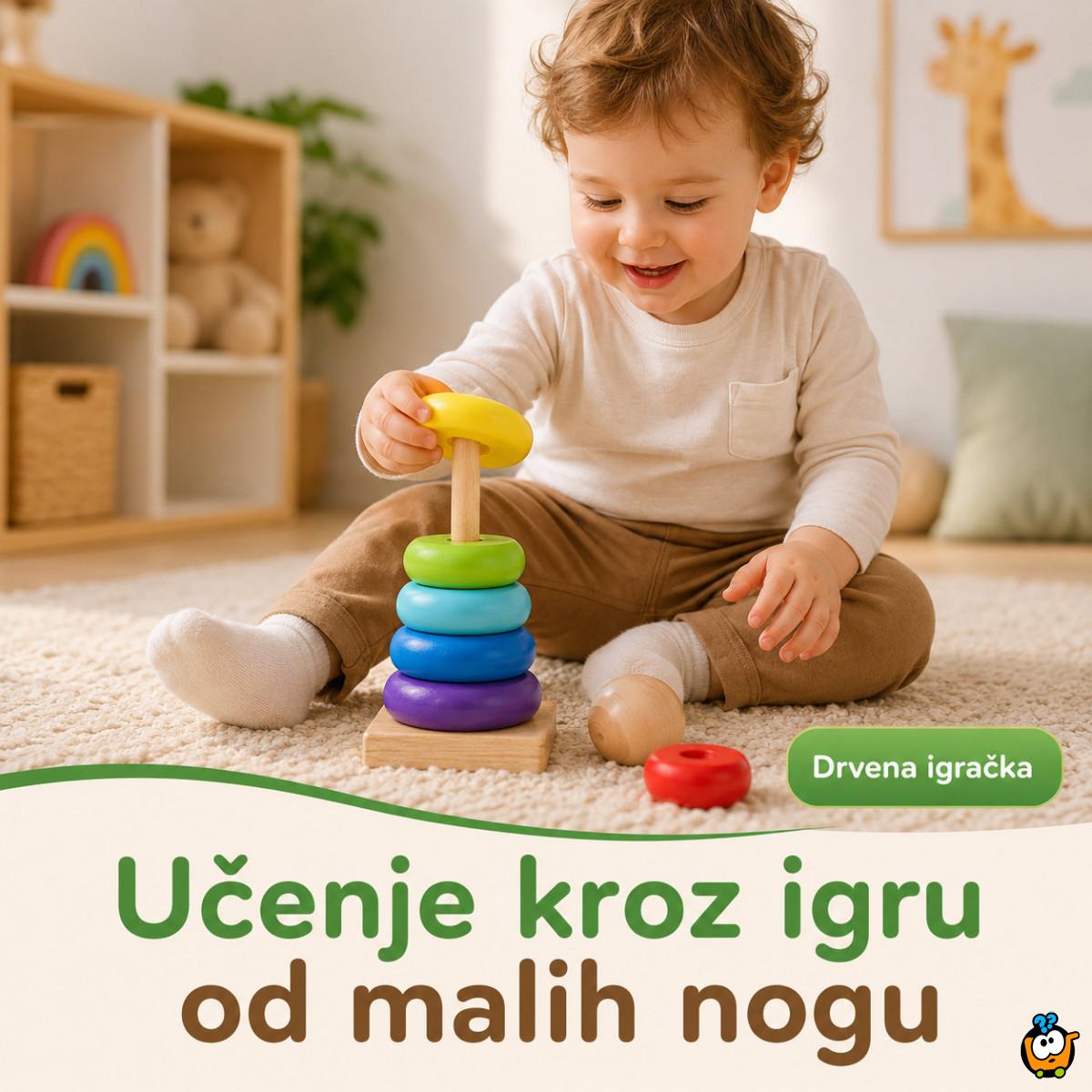 Dindolino drvena edukativna kula sa prstenovima za bebe i decu