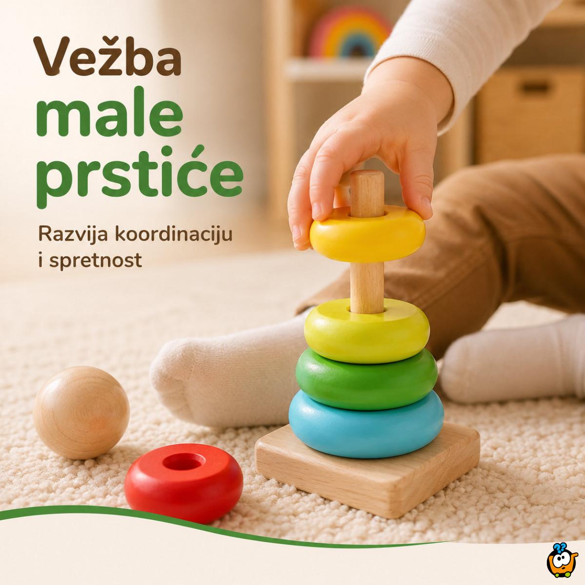 Dindolino drvena edukativna kula sa prstenovima za bebe i decu
