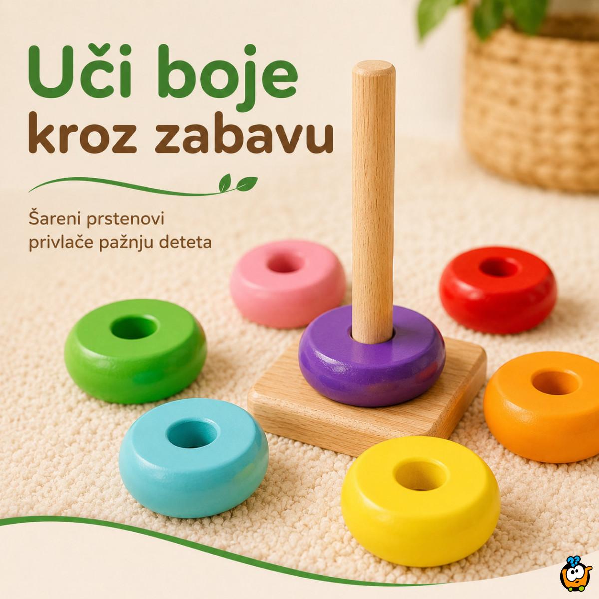 Dindolino drvena edukativna kula sa prstenovima za bebe i decu