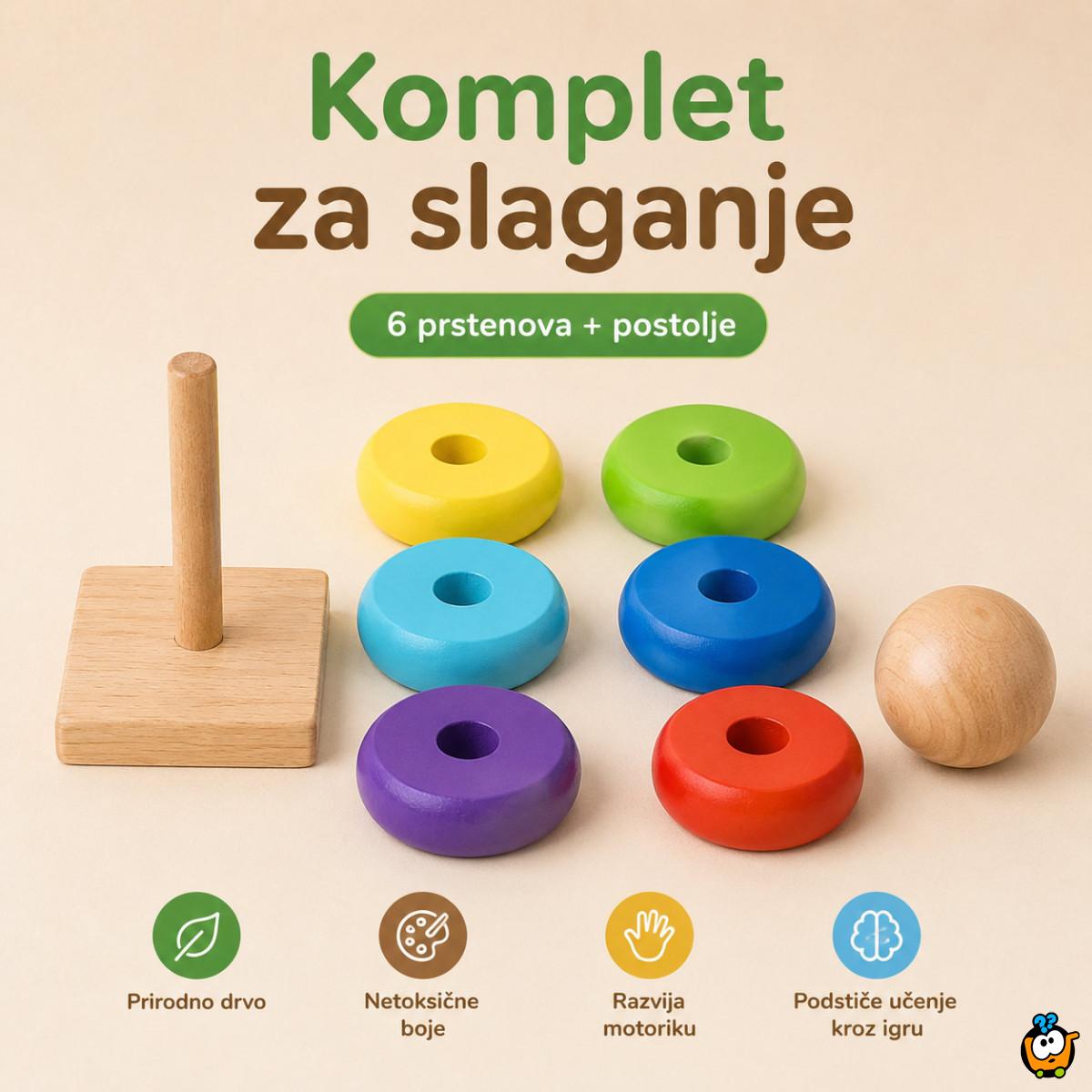 Dindolino drvena edukativna kula sa prstenovima za bebe i decu
