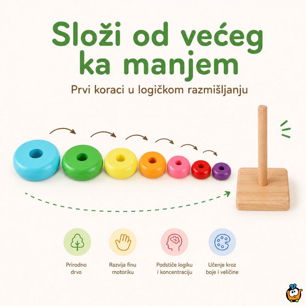 Dindolino drvena edukativna kula sa prstenovima za bebe i decu