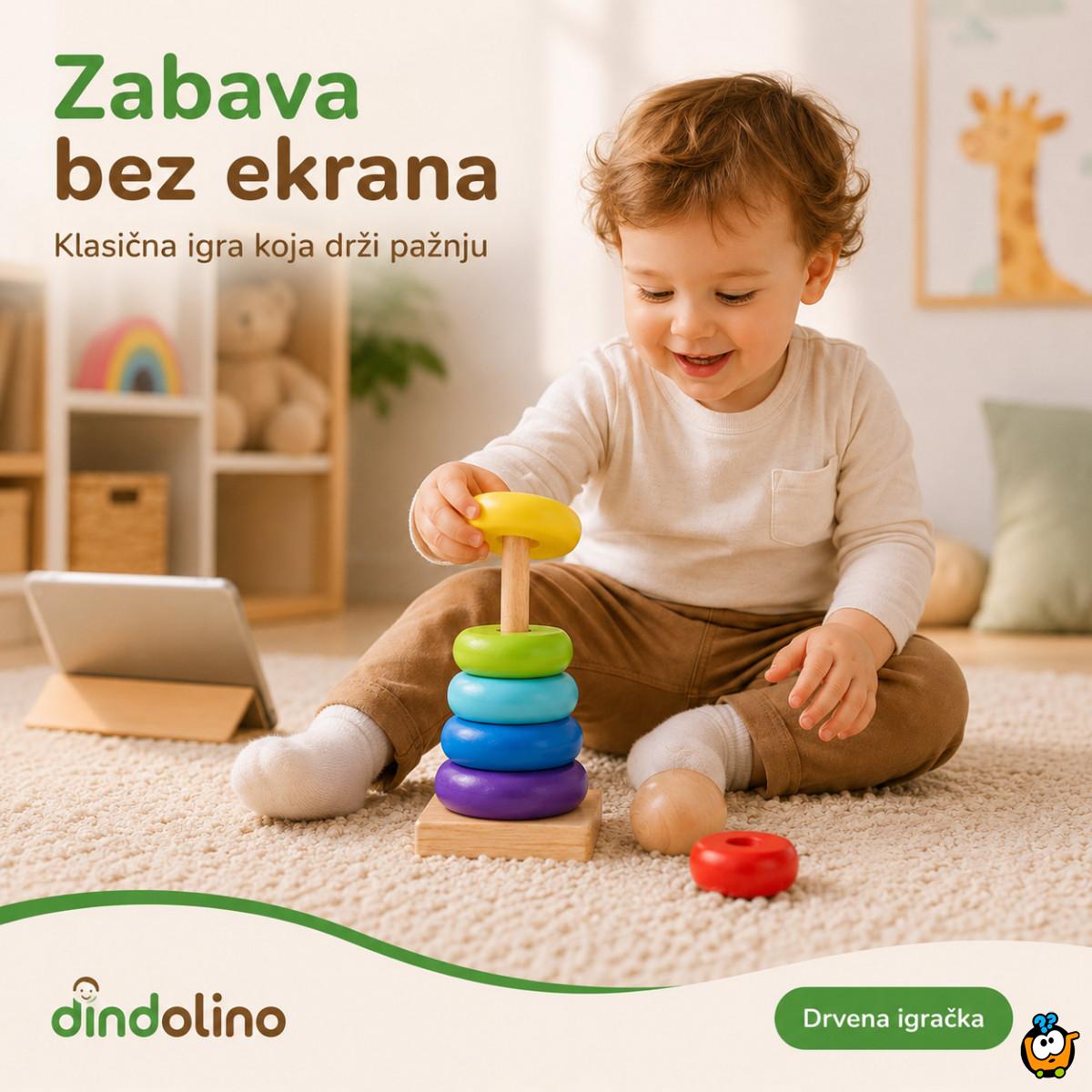 Dindolino drvena edukativna kula sa prstenovima za bebe i decu