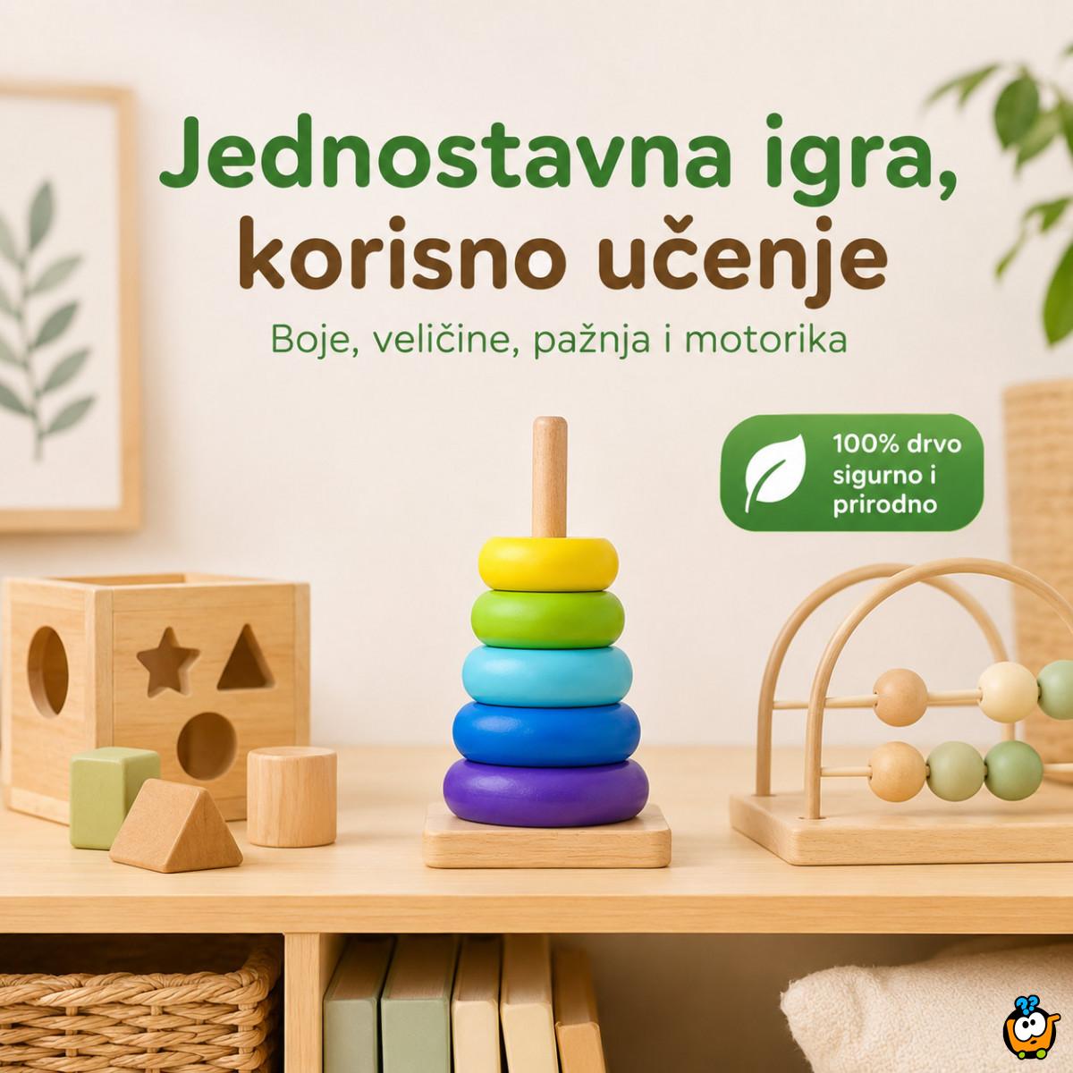 Dindolino drvena edukativna kula sa prstenovima za bebe i decu
