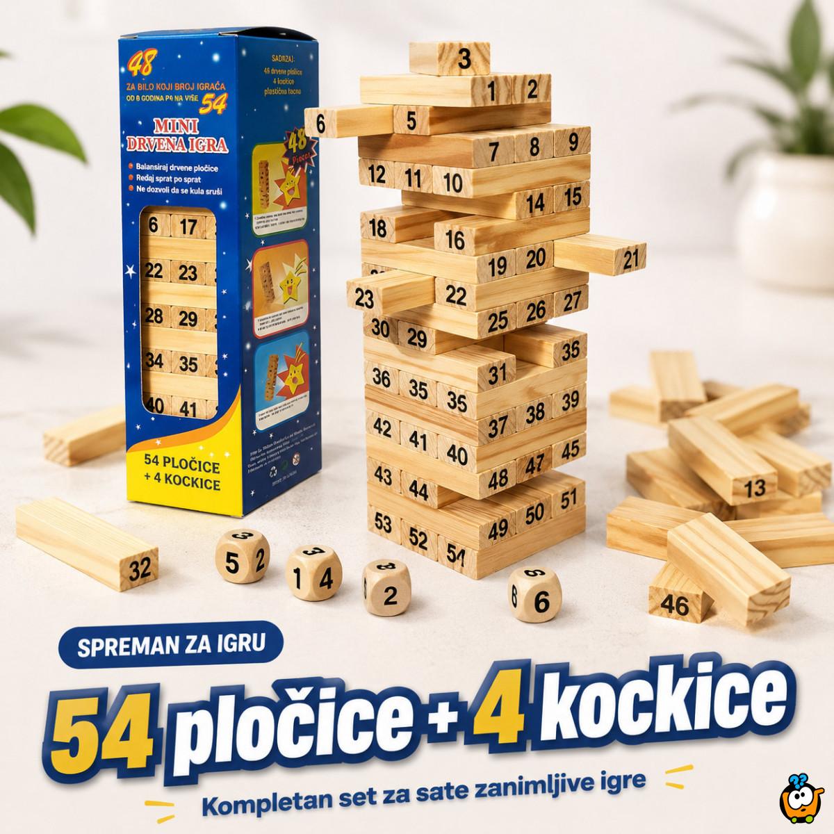 Drveni toranj Jenga igra sa brojevima i kockicama – porodična društvena igra