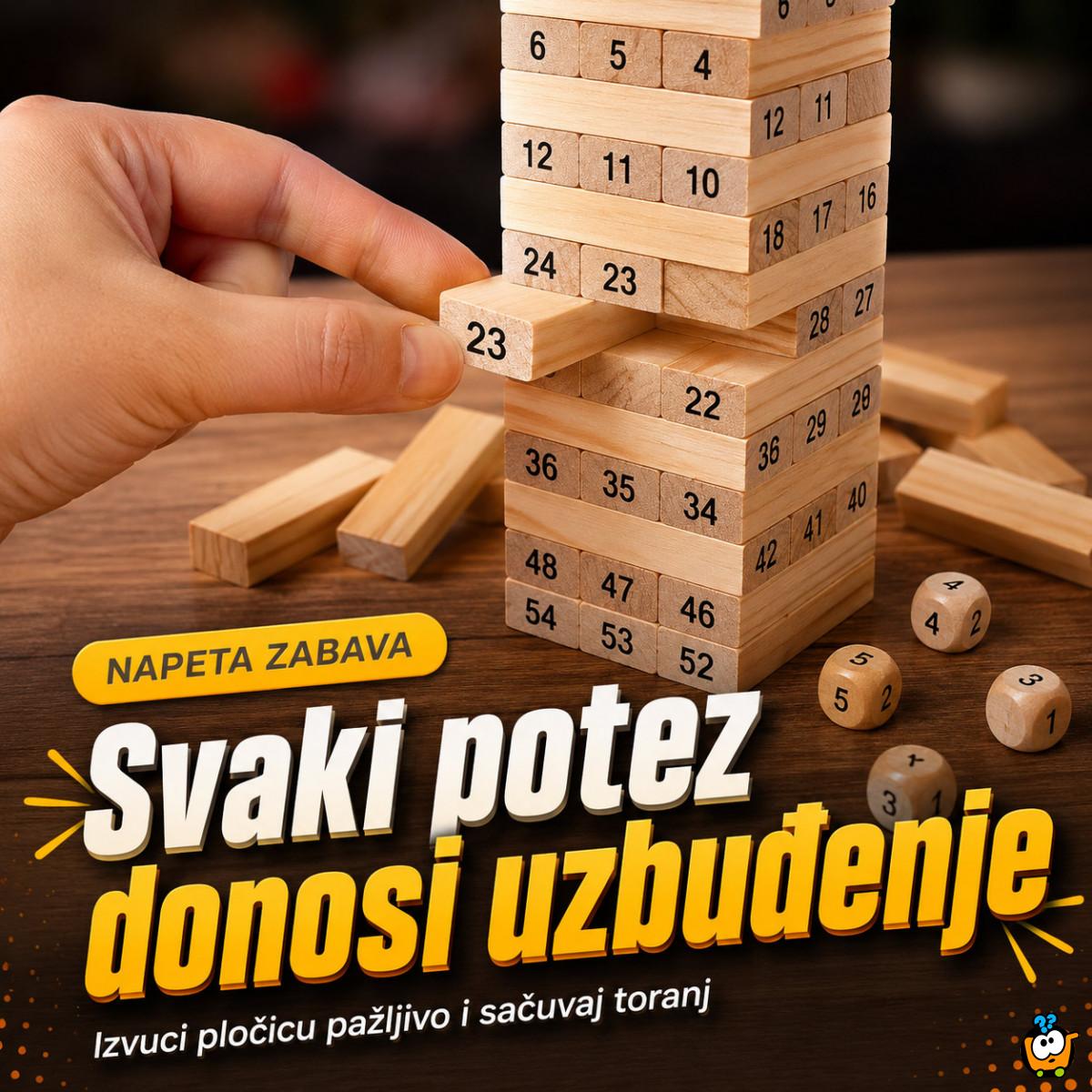 Drveni toranj Jenga igra sa brojevima i kockicama – porodična društvena igra