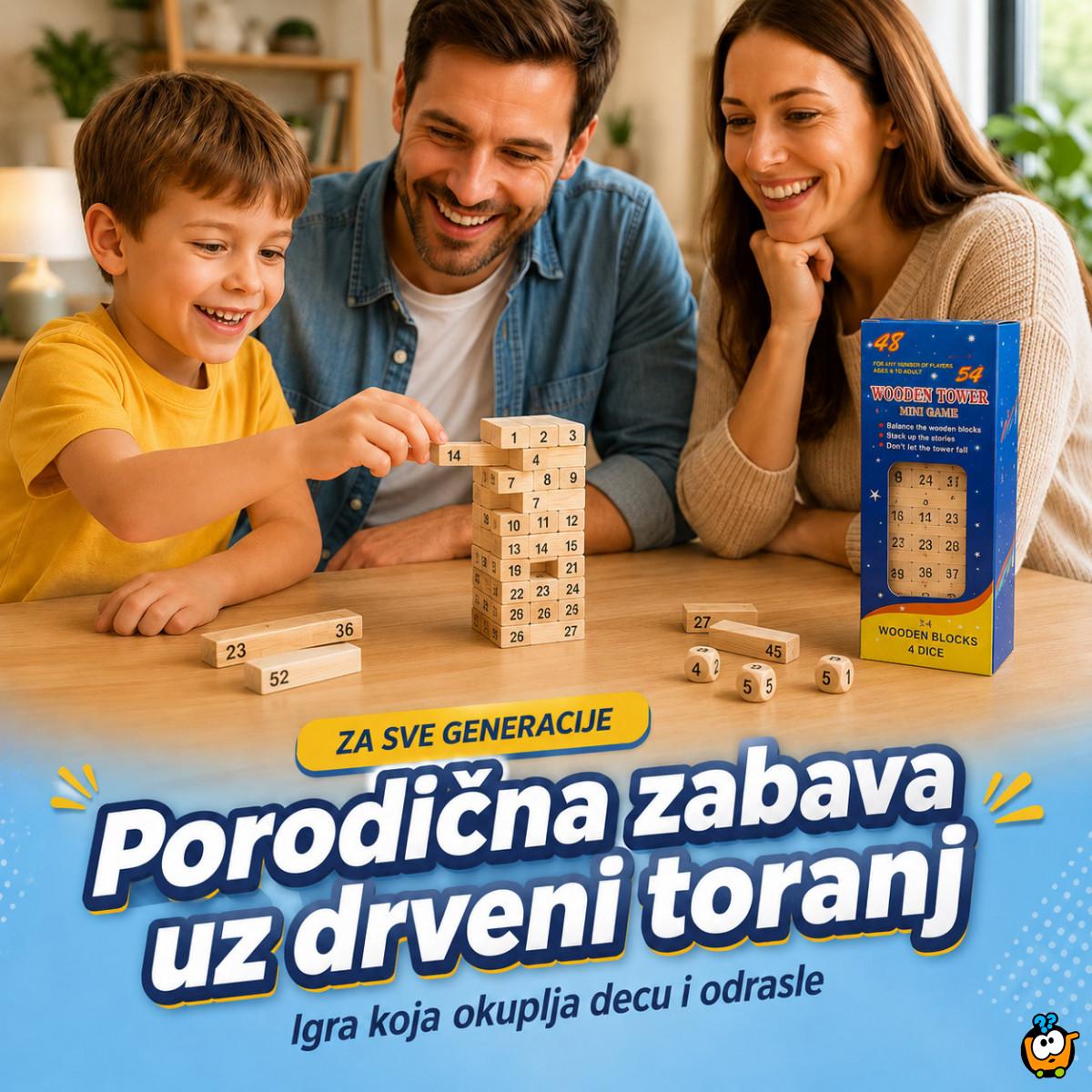 Drveni toranj Jenga igra sa brojevima i kockicama – porodična društvena igra