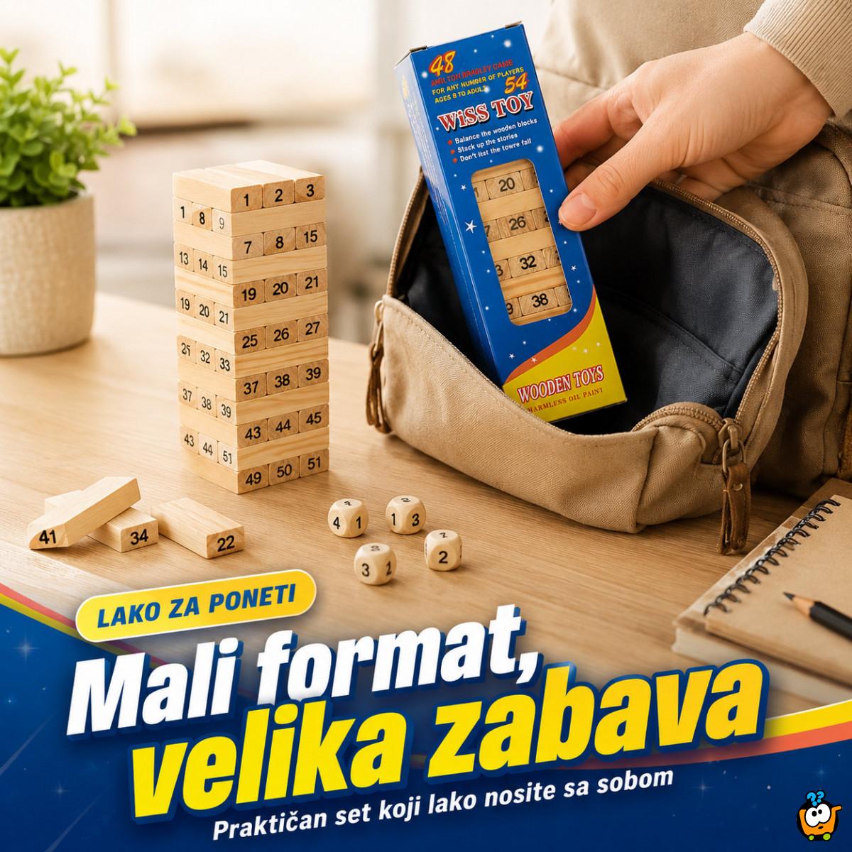 Drveni toranj Jenga igra sa brojevima i kockicama – porodična društvena igra