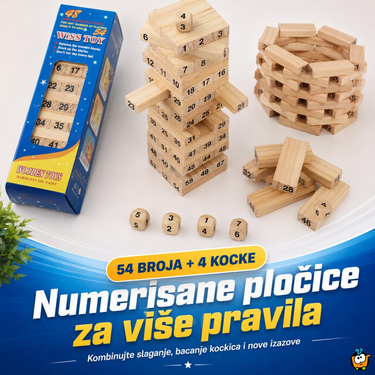 Drveni toranj Jenga igra sa brojevima i kockicama – porodična društvena igra