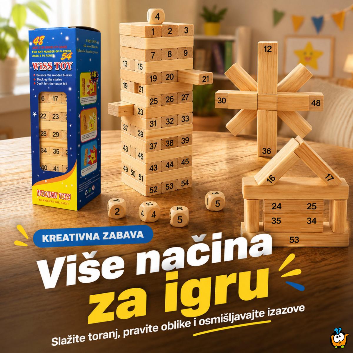Drveni toranj Jenga igra sa brojevima i kockicama – porodična društvena igra