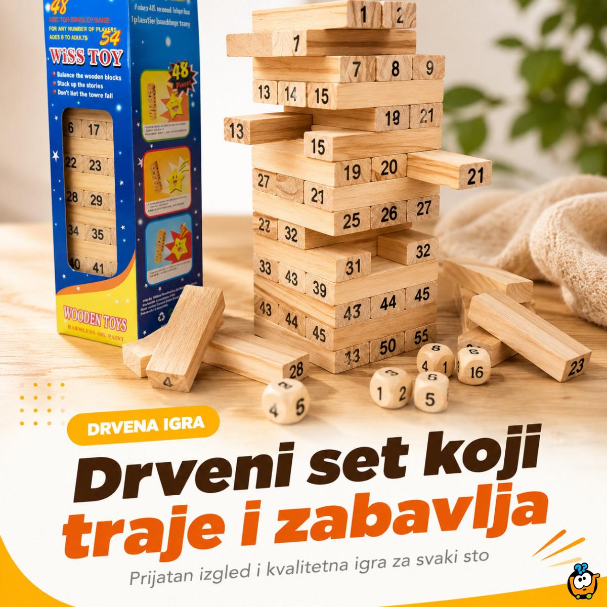 Drveni toranj Jenga igra sa brojevima i kockicama – porodična društvena igra