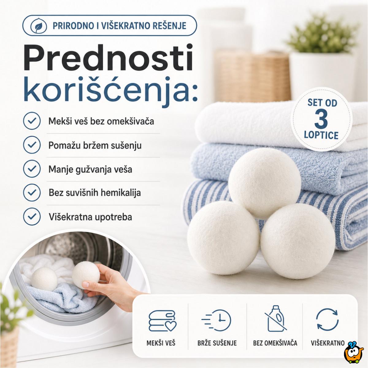 Set od 3 Vunene loptice za sušenje veša – mekši veš bez omekšivača