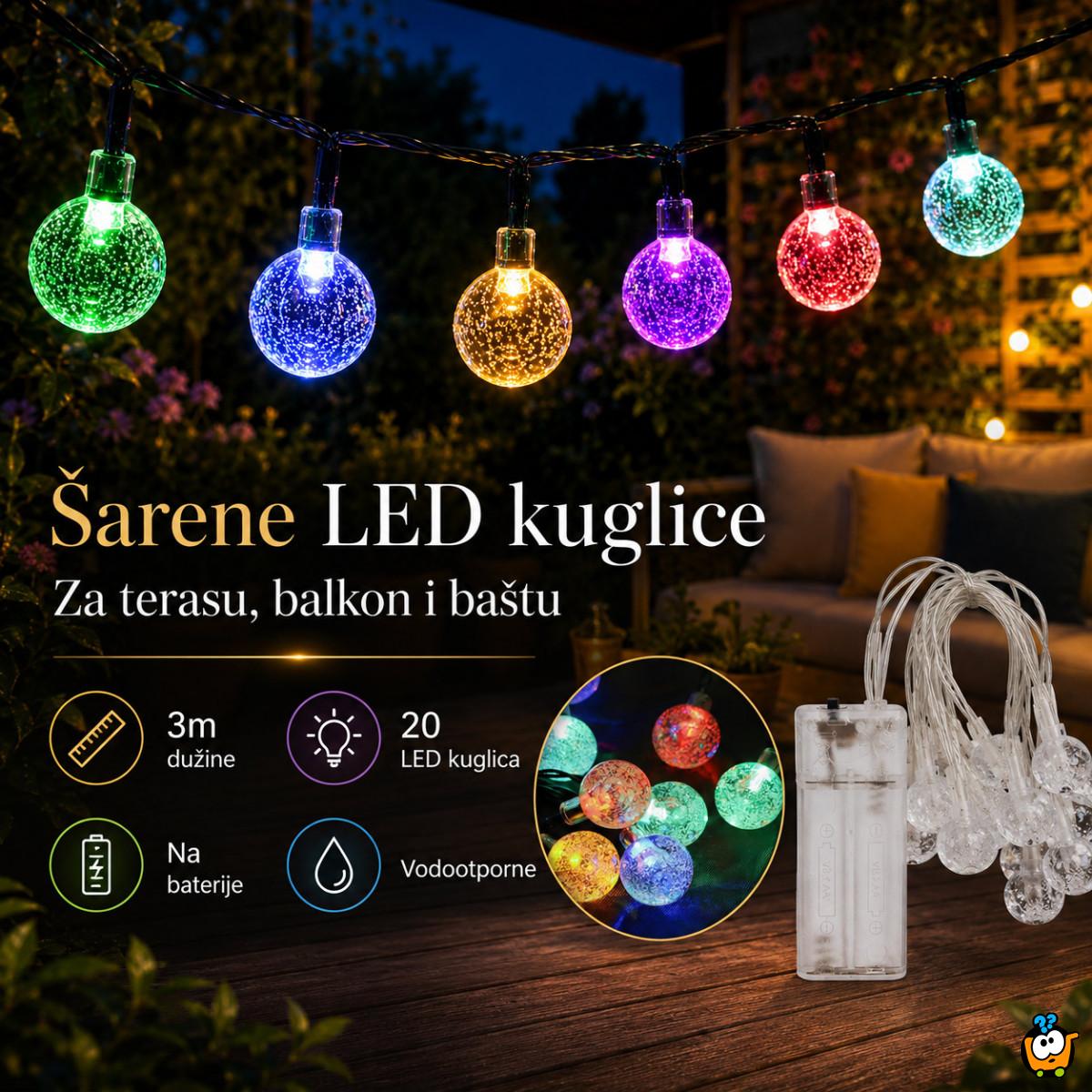 Šarene LED kuglice 3m na baterije – dekorativne lampice za terasu, balkon i baštu