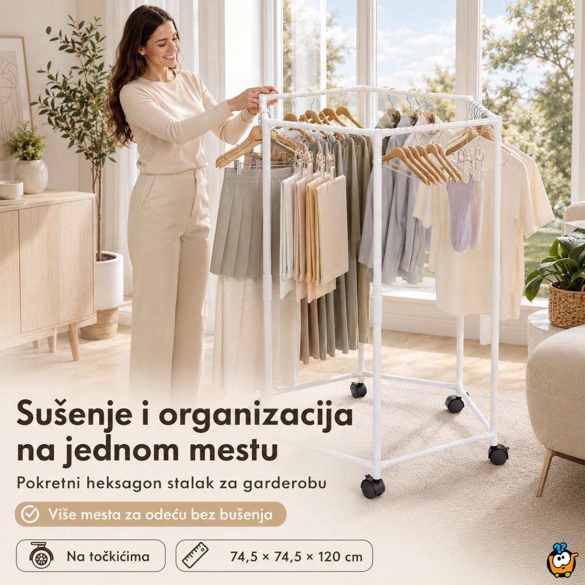 Pokretni stalak za odeću i sušenje – Beli heksagon organizer na točkićima