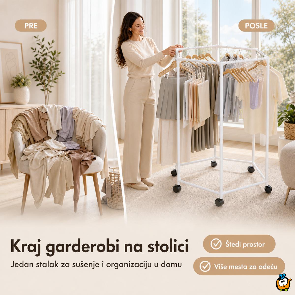 Pokretni stalak za odeću i sušenje – Beli heksagon organizer na točkićima