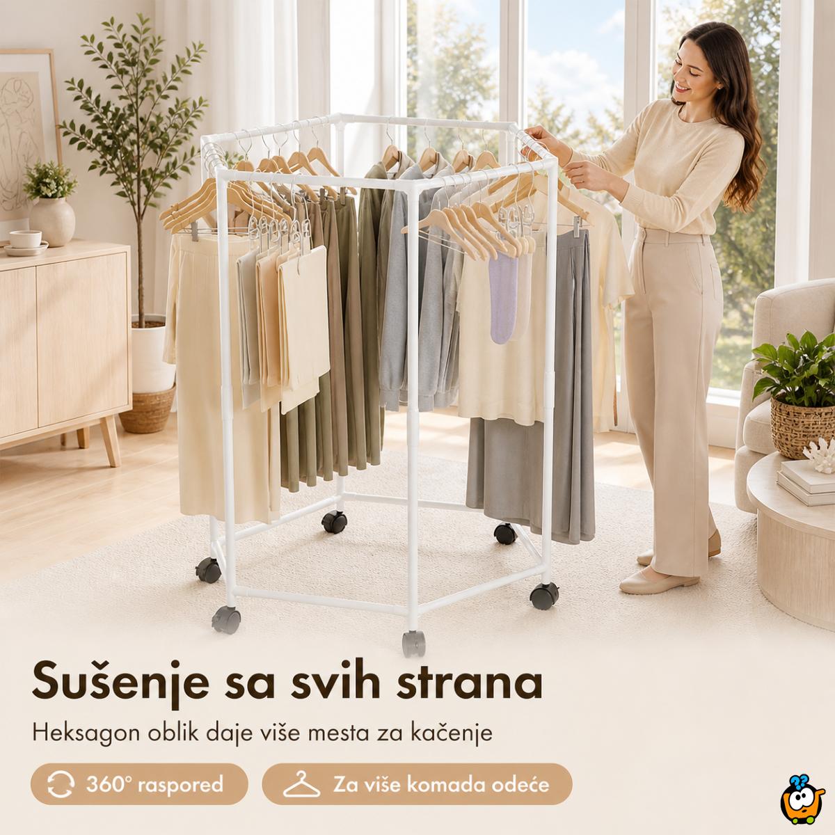 Pokretni stalak za odeću i sušenje – Beli heksagon organizer na točkićima