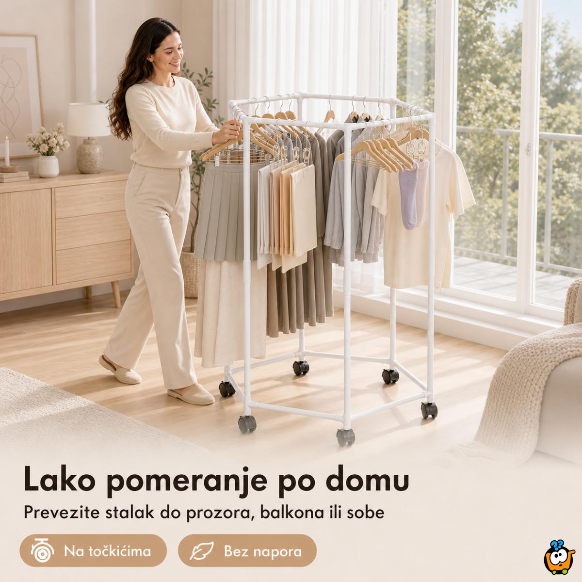 Pokretni stalak za odeću i sušenje – Beli heksagon organizer na točkićima
