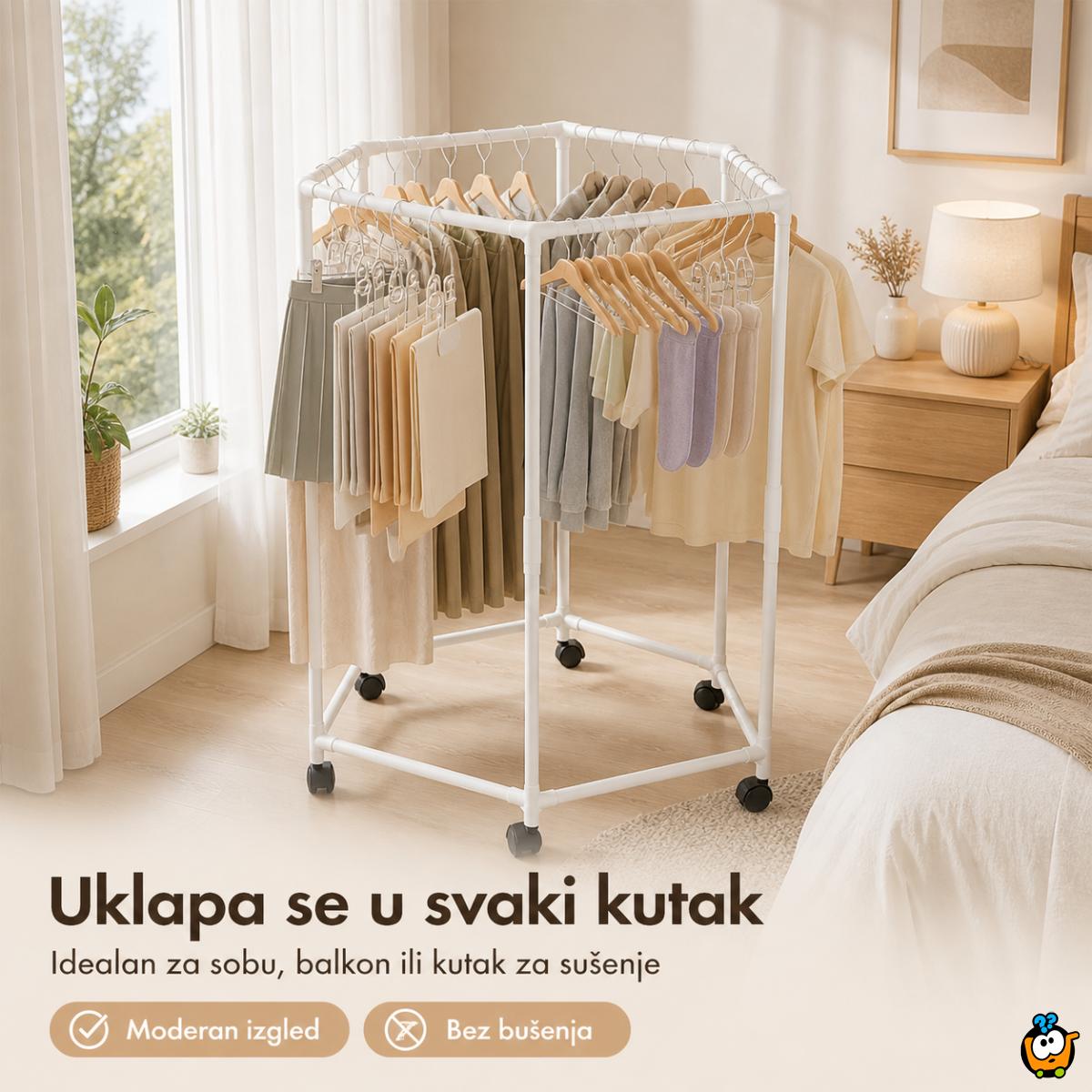 Pokretni stalak za odeću i sušenje – Beli heksagon organizer na točkićima