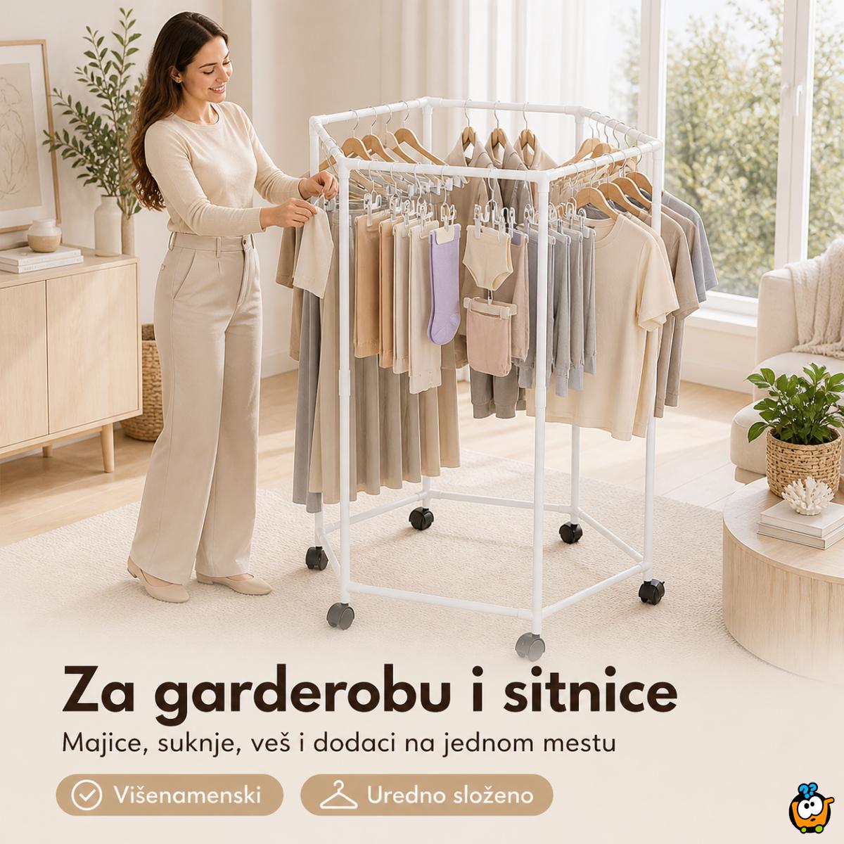 Pokretni stalak za odeću i sušenje – Beli heksagon organizer na točkićima