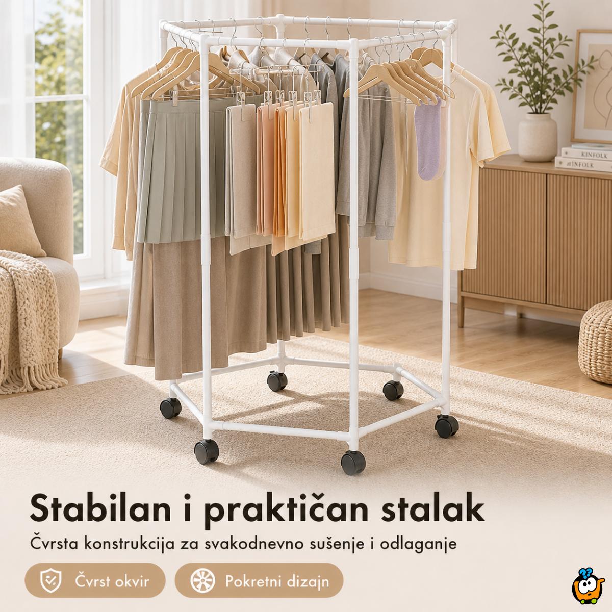 Pokretni stalak za odeću i sušenje – Beli heksagon organizer na točkićima