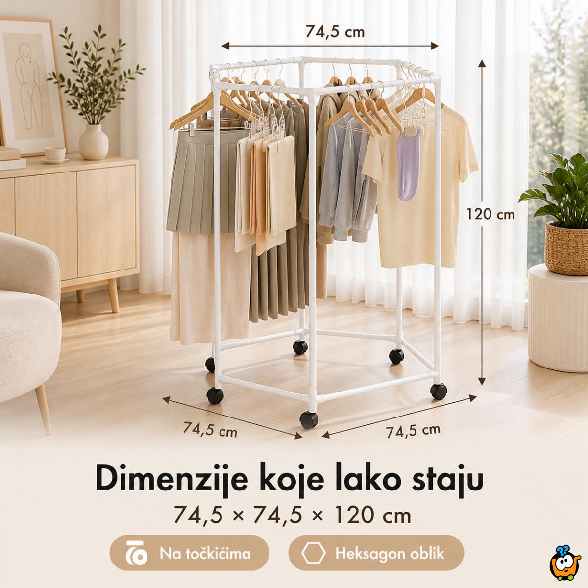 Pokretni stalak za odeću i sušenje – Beli heksagon organizer na točkićima