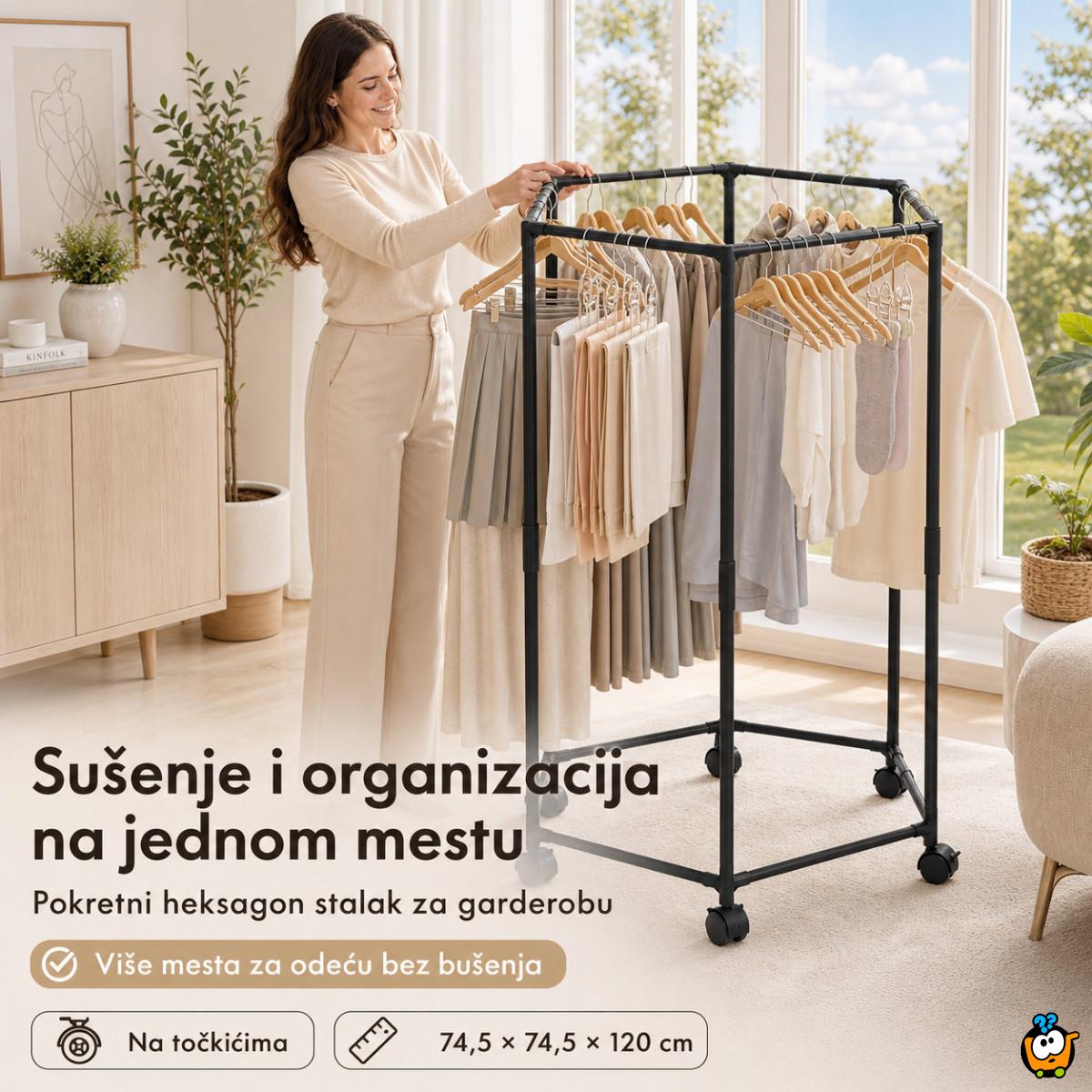 Pokretni stalak za odeću i sušenje – Crni heksagon organizer na točkićima