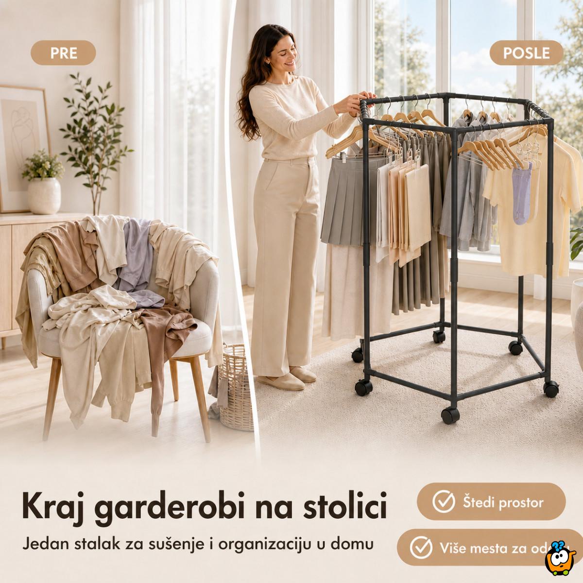 Pokretni stalak za odeću i sušenje – Crni heksagon organizer na točkićima