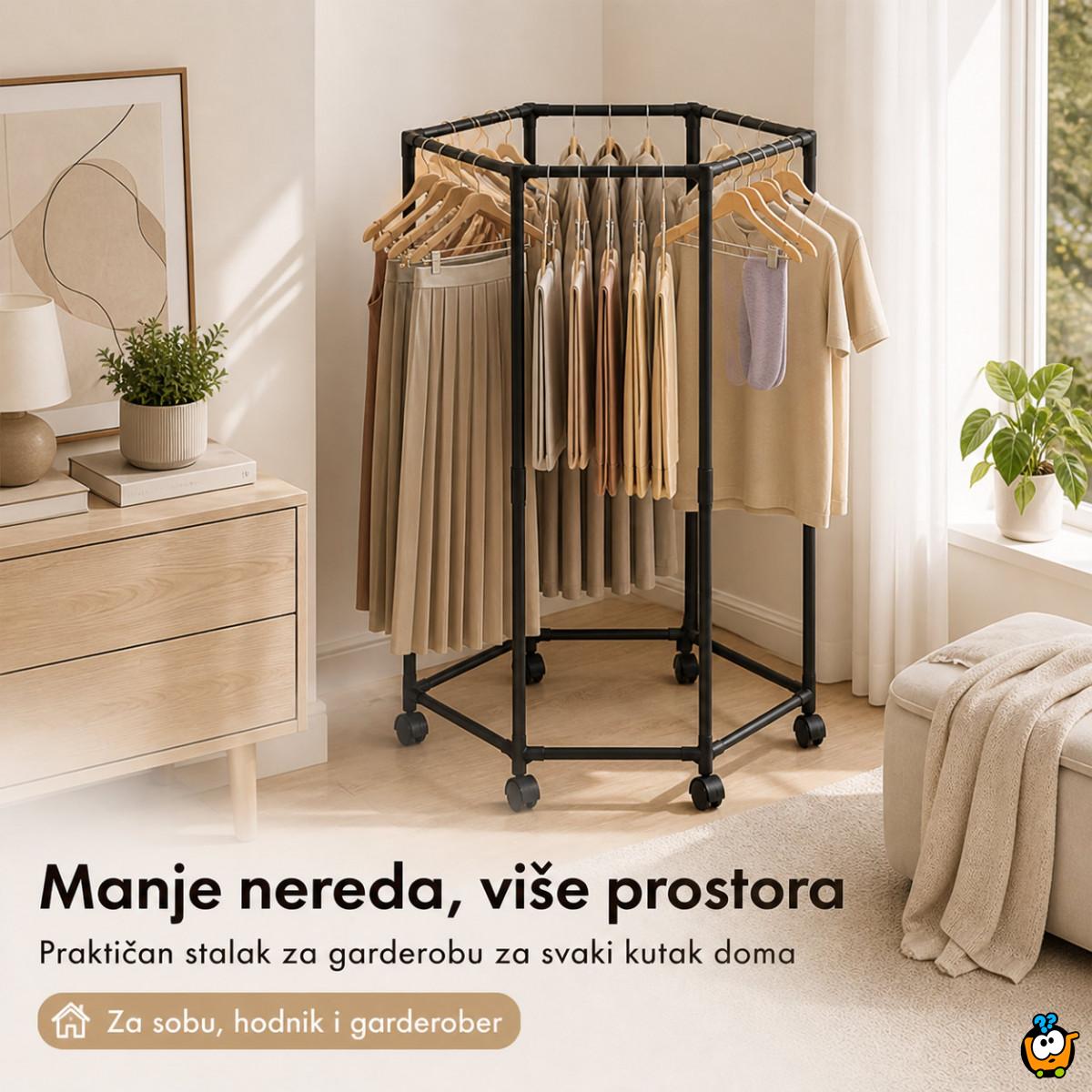 Pokretni stalak za odeću i sušenje – Crni heksagon organizer na točkićima