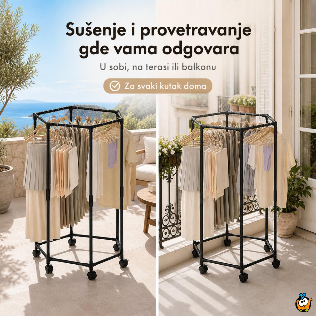 Pokretni stalak za odeću i sušenje – Crni heksagon organizer na točkićima