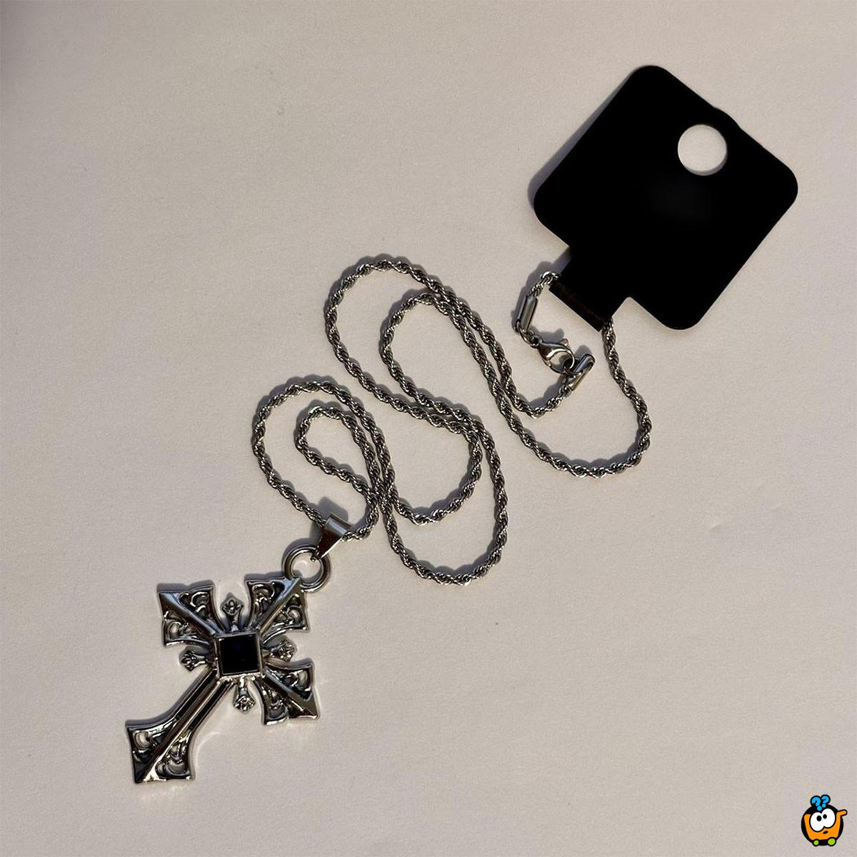 Vintage Cross - Ogrlica sa priveskom krsta i crnim kamenom