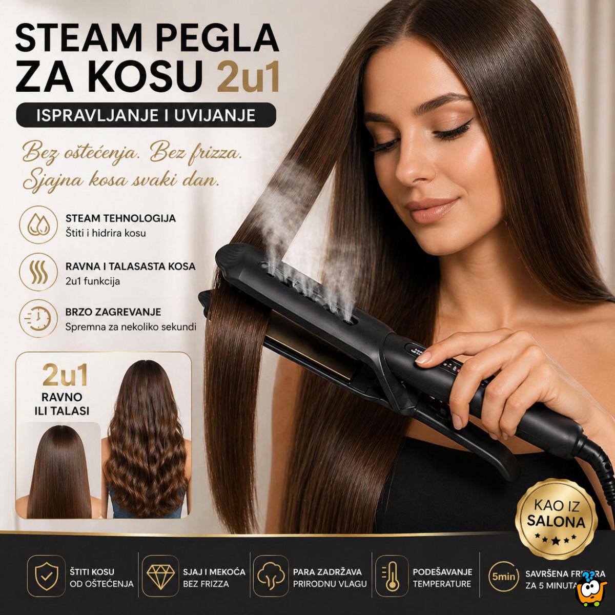 Steam Pegla za Kosu 2u1 – Ispravljanje i Uvijanje Bez Oštećenja | Sjajna Kosa za 5 Minuta