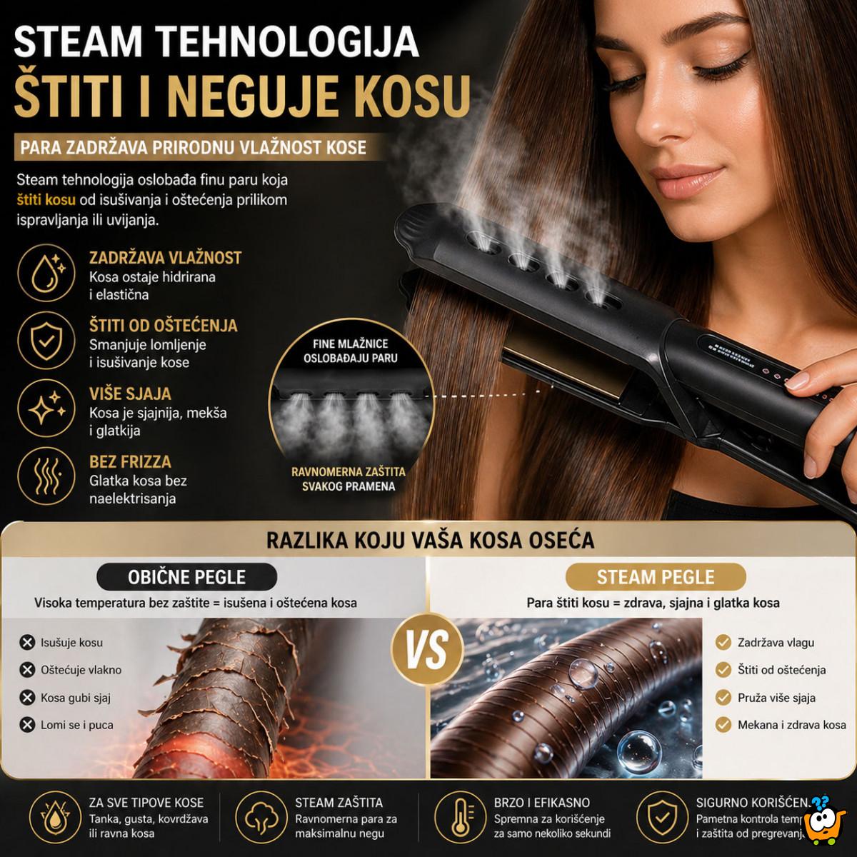 Steam Pegla za Kosu 2u1 – Ispravljanje i Uvijanje Bez Oštećenja | Sjajna Kosa za 5 Minuta