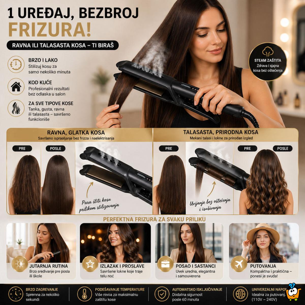Steam Pegla za Kosu 2u1 – Ispravljanje i Uvijanje Bez Oštećenja | Sjajna Kosa za 5 Minuta