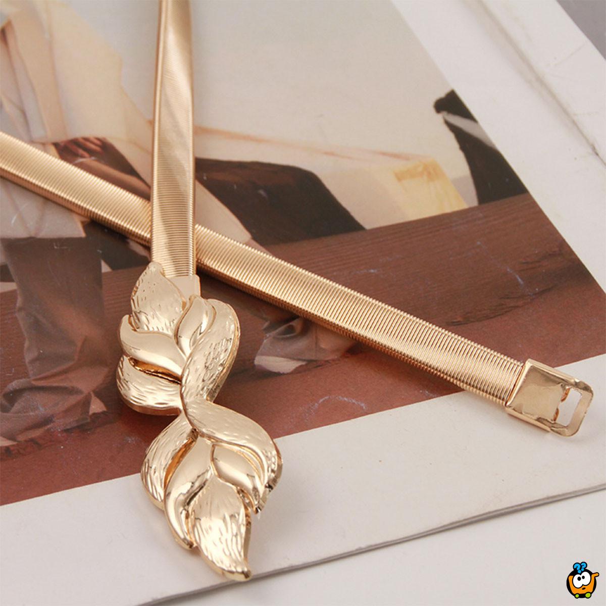 Zlatni elastični kaiš sa dekorativnom kopčom u obliku lista