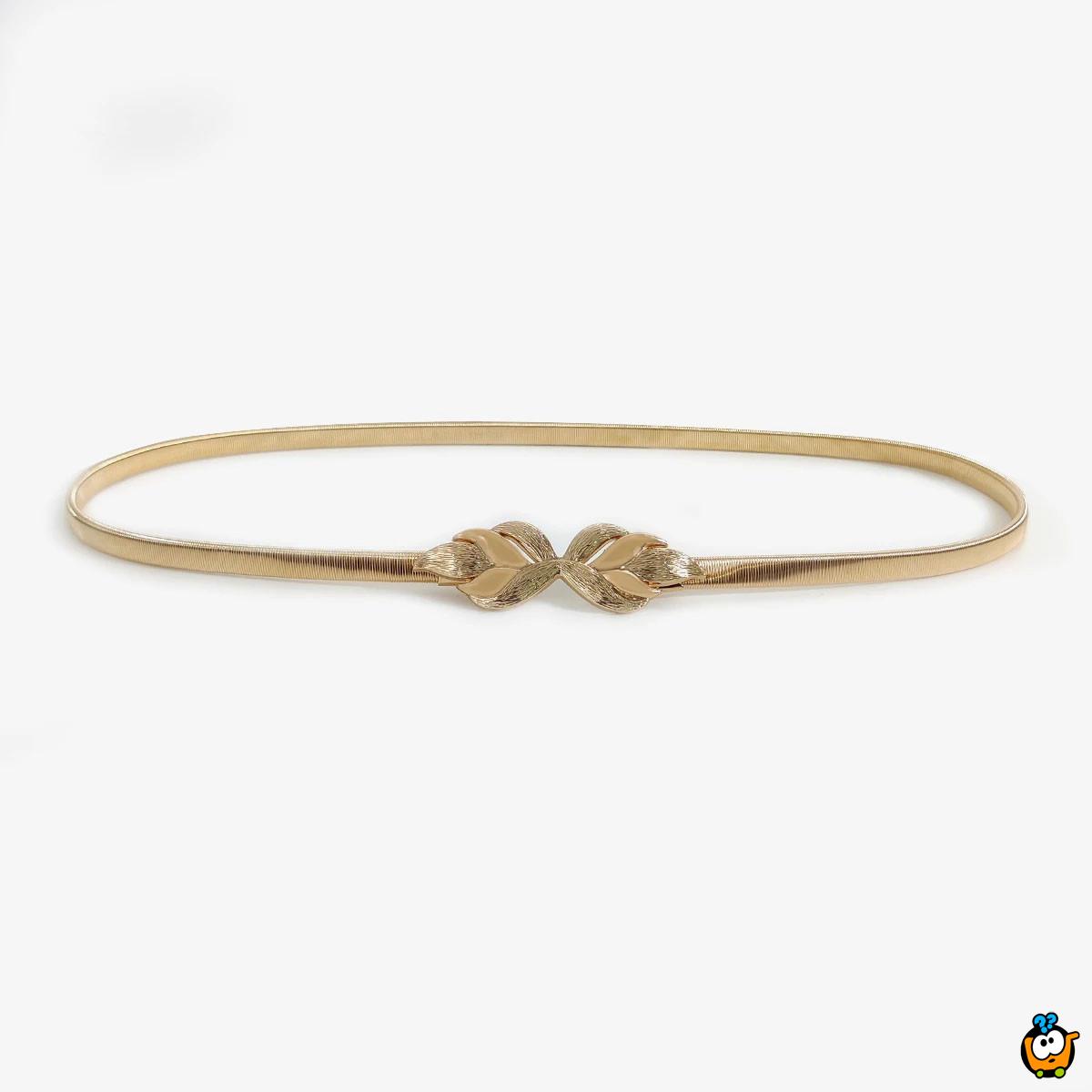 Zlatni elastični kaiš sa dekorativnom kopčom u obliku lista