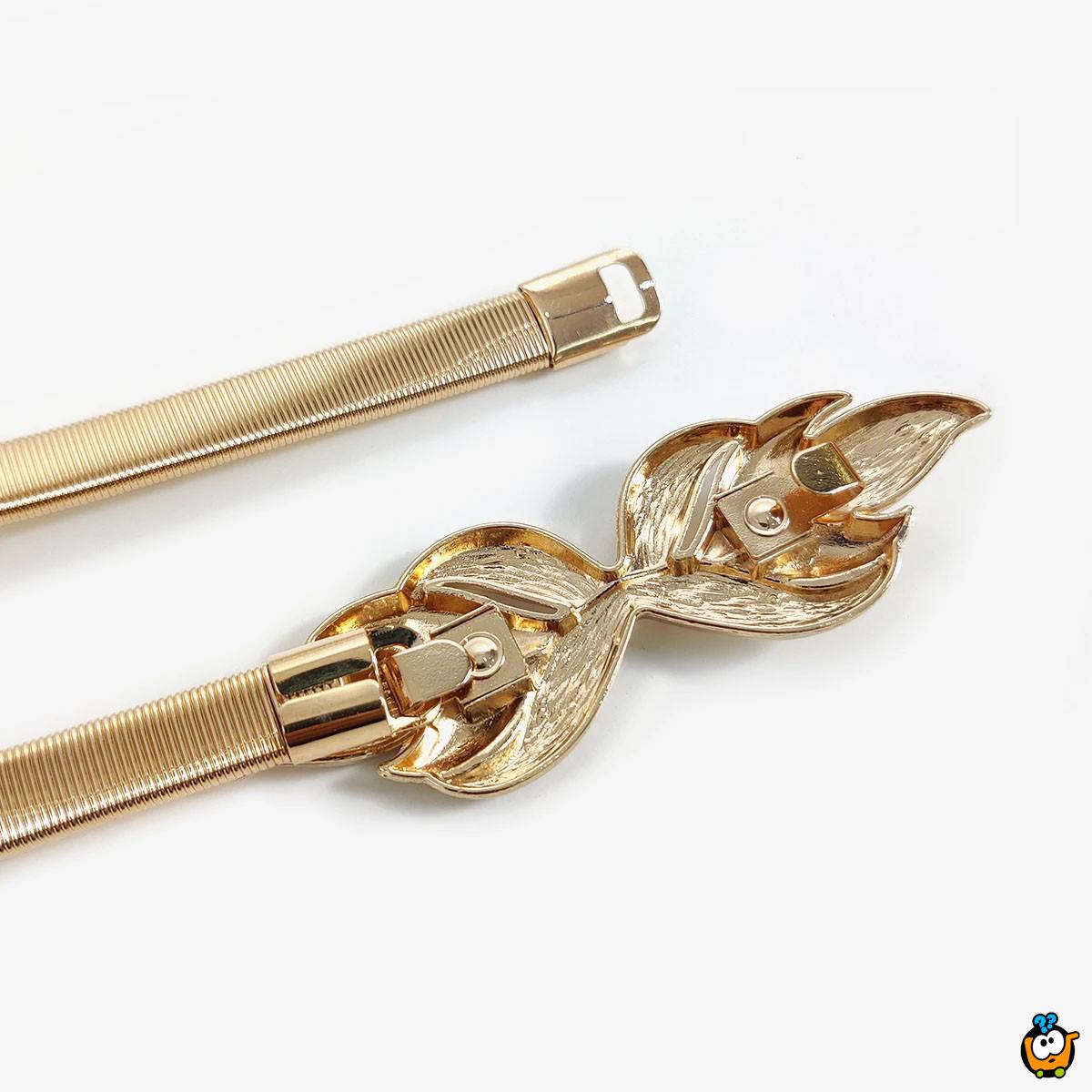 Zlatni elastični kaiš sa dekorativnom kopčom u obliku lista