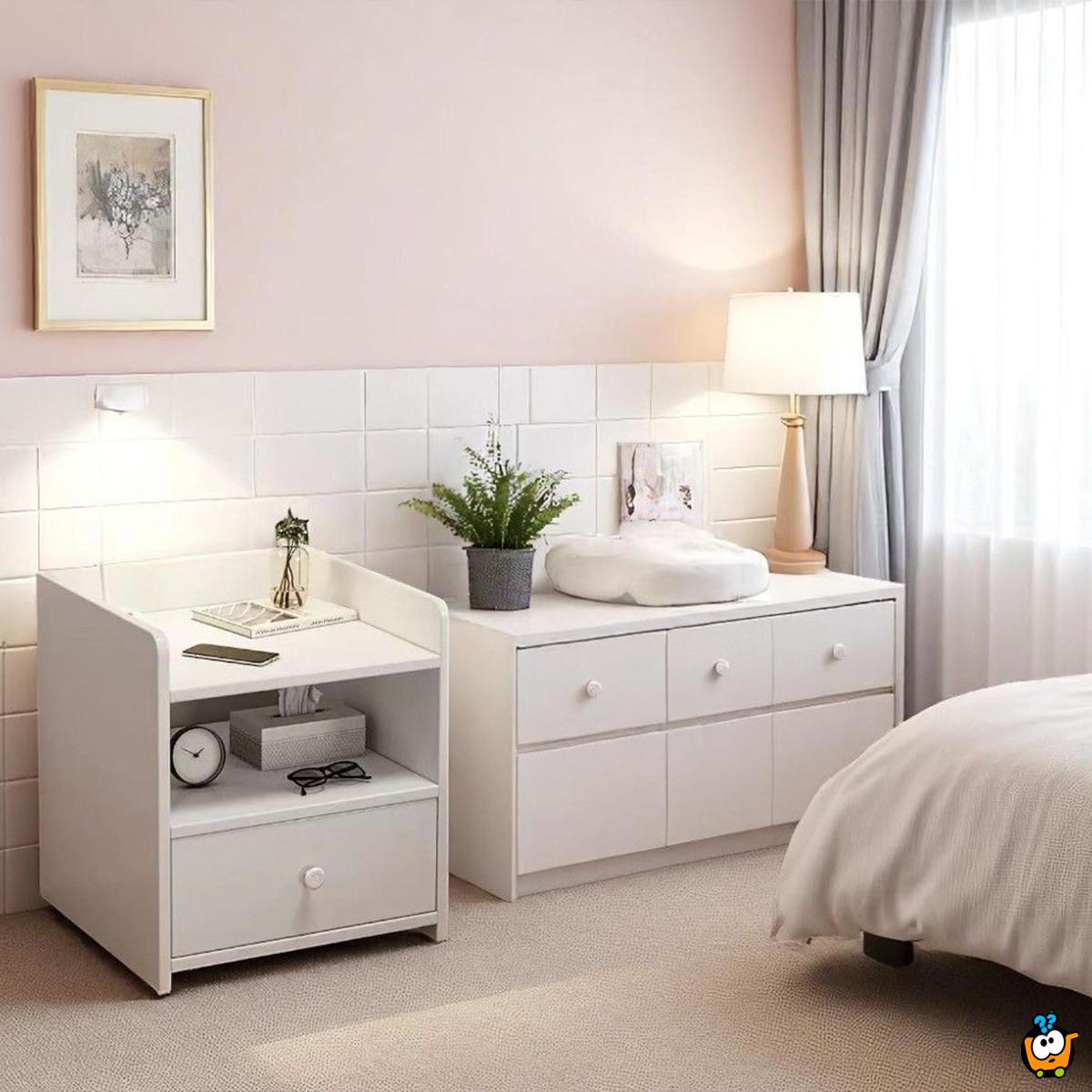 WOODLY WHITE - noćni stočić sa fiokom i otvorenim policama