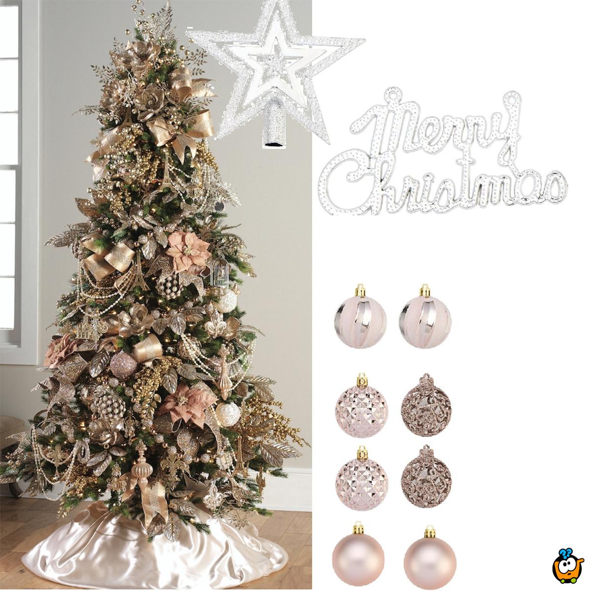 Pink-Silver Shine set - 18 magičnih roze ukrasa za jelku sa vrh zvezdom