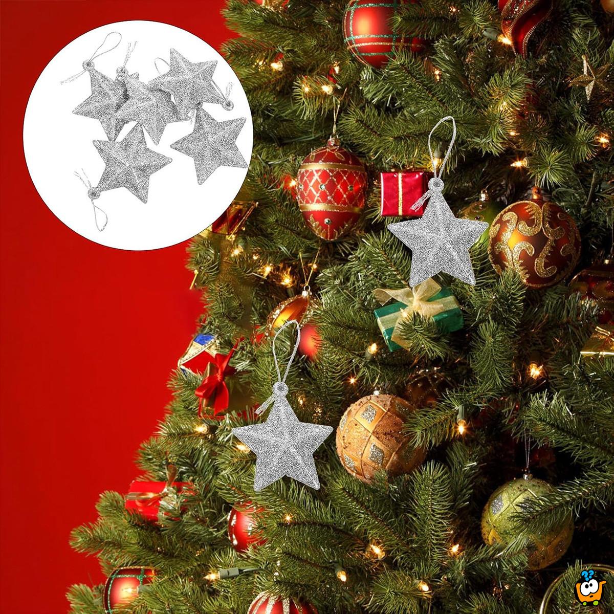 Silver stars - Set od 6 SREBRNIH zvezda ukrasa za jelku