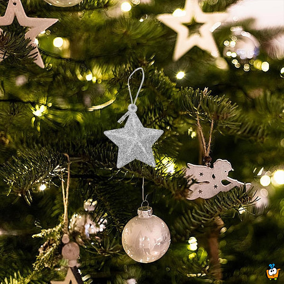 Silver stars - Set od 6 SREBRNIH zvezda ukrasa za jelku