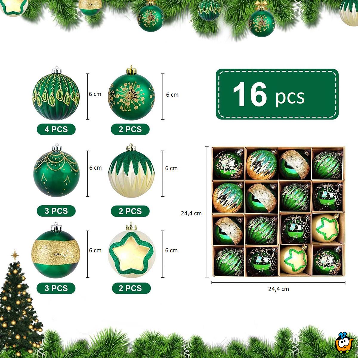 Green-Gold Shine set - 16 magičnih zelenih ukrasa za jelku u formi kugli