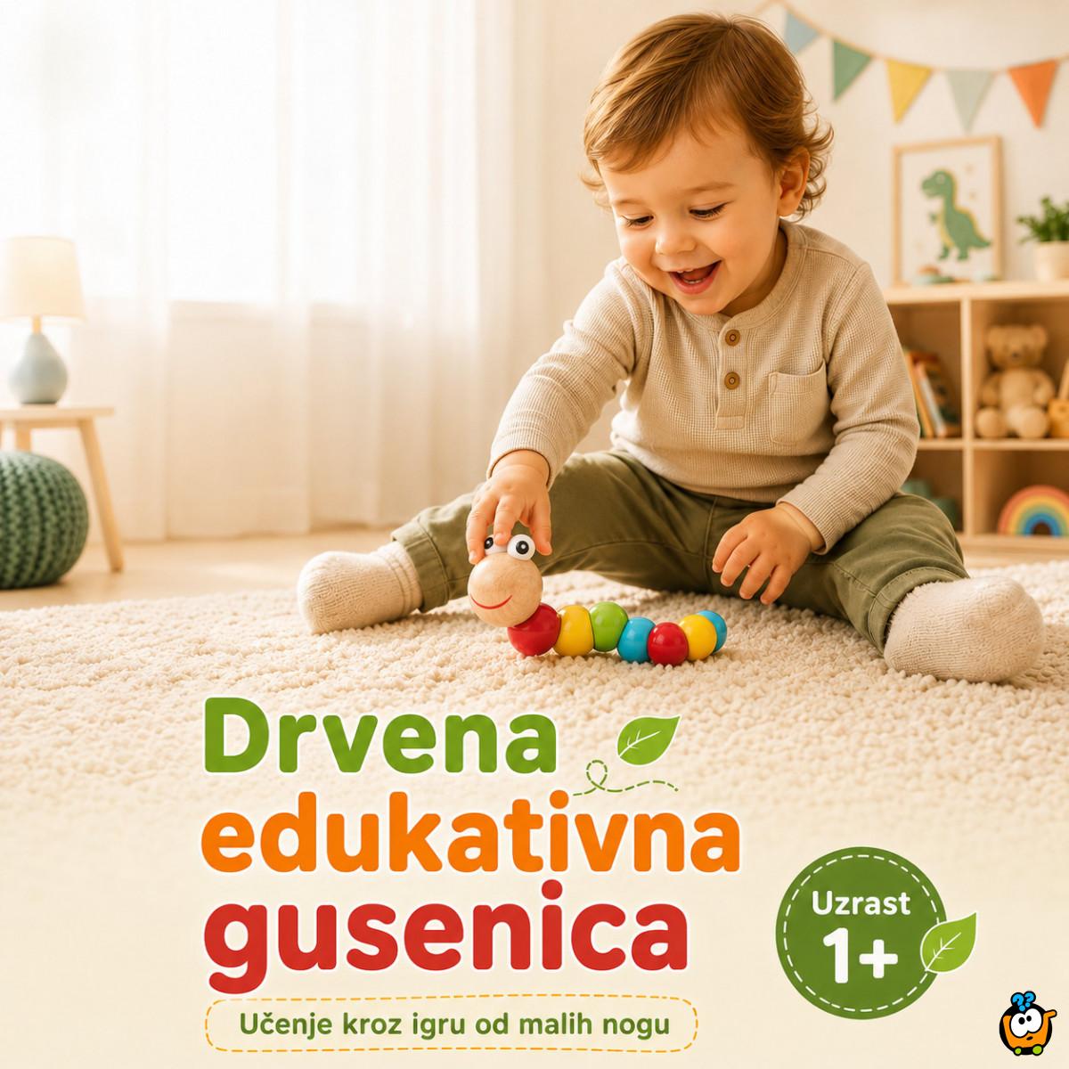 Drvena gusenica za decu – edukativna igračka za boje, motoriku i slaganje
