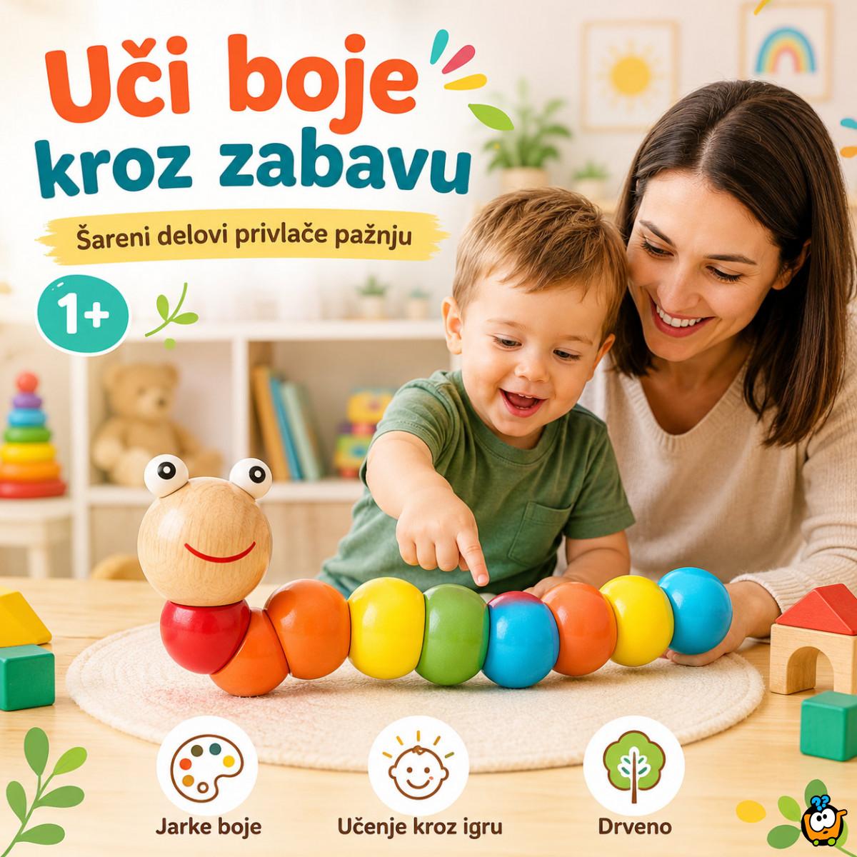 Drvena gusenica za decu – edukativna igračka za boje, motoriku i slaganje