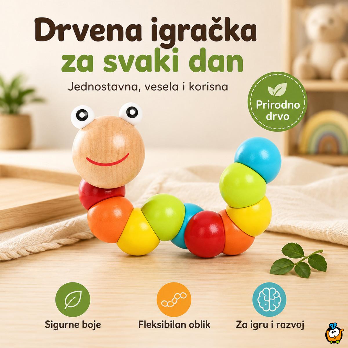 Drvena gusenica za decu – edukativna igračka za boje, motoriku i slaganje