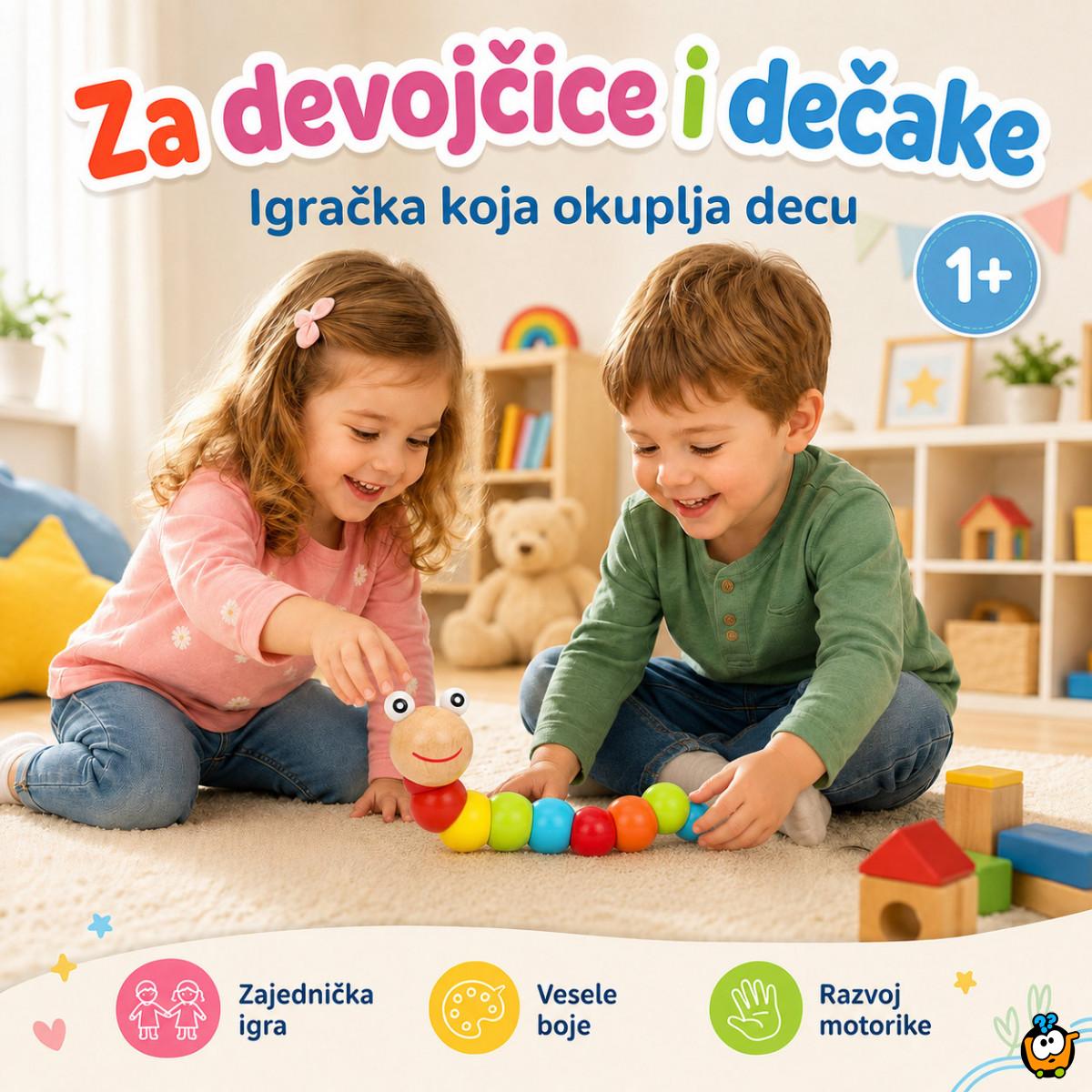 Drvena gusenica za decu – edukativna igračka za boje, motoriku i slaganje